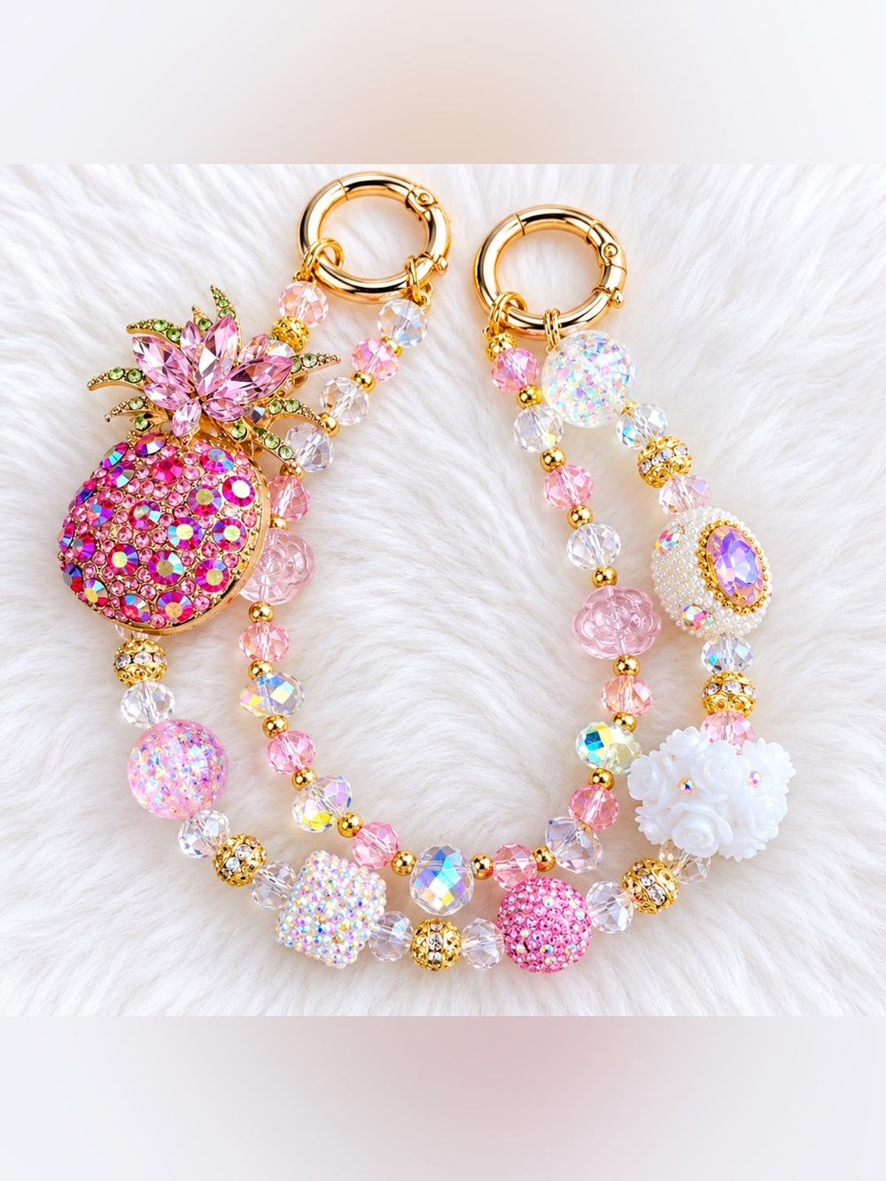 Gold-Tone Pink Pineapple Crystal Beaded Charm Necklace handmade